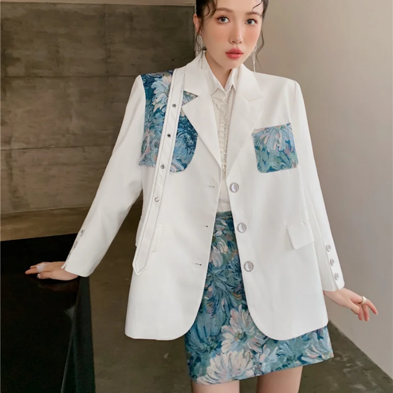 

Spring Autumn Vintage French Style Print Single Breasted Loose Blazer Jacket Women Streetwear Splice Ribbon Suit Coat 4085