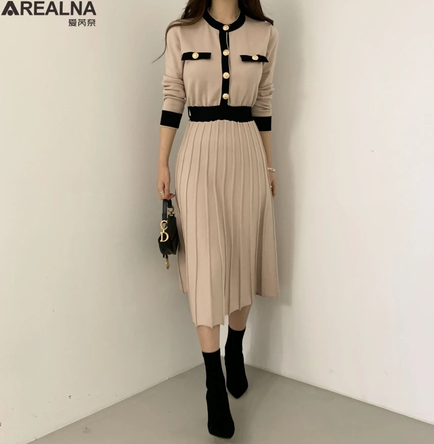 Korean Elegant Knitted Long Dress Women Long Sleeve Color-blocked 0-neck party woman dress A-line Pleated Dresses Vestidos 2020