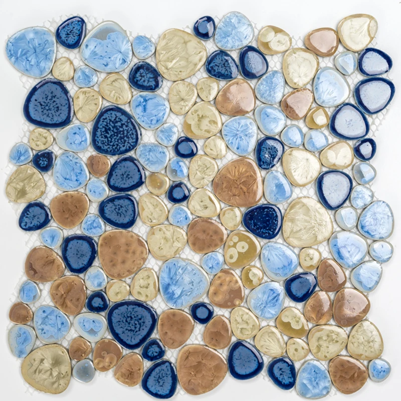 Mediterranean Blue Beige Ceramic Pebble Mosaic Tile, kitchen bathroom floor tile pool shower fireplace wall tiles