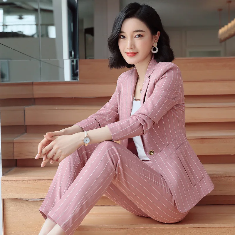 2024 New Work Fashion Pant Suits 2 Piece Set for Women Striped Blazer Jacket & Trouser Office Business Suit Lady Suit Feminino