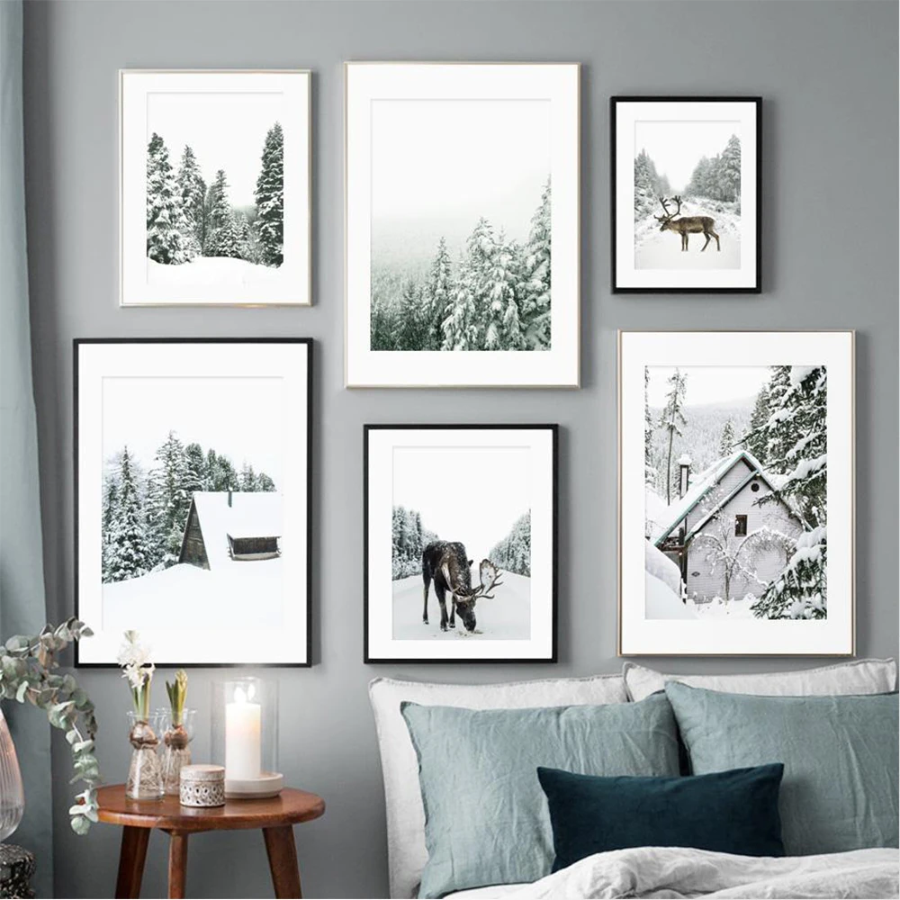 Winter Schnee Wald Nordic Natürliche Drucke Deer Haus Sonnenlicht Landschaft Leinwand Malerei Poster Wand Kunst Bilder Wohnzimmer Dekor