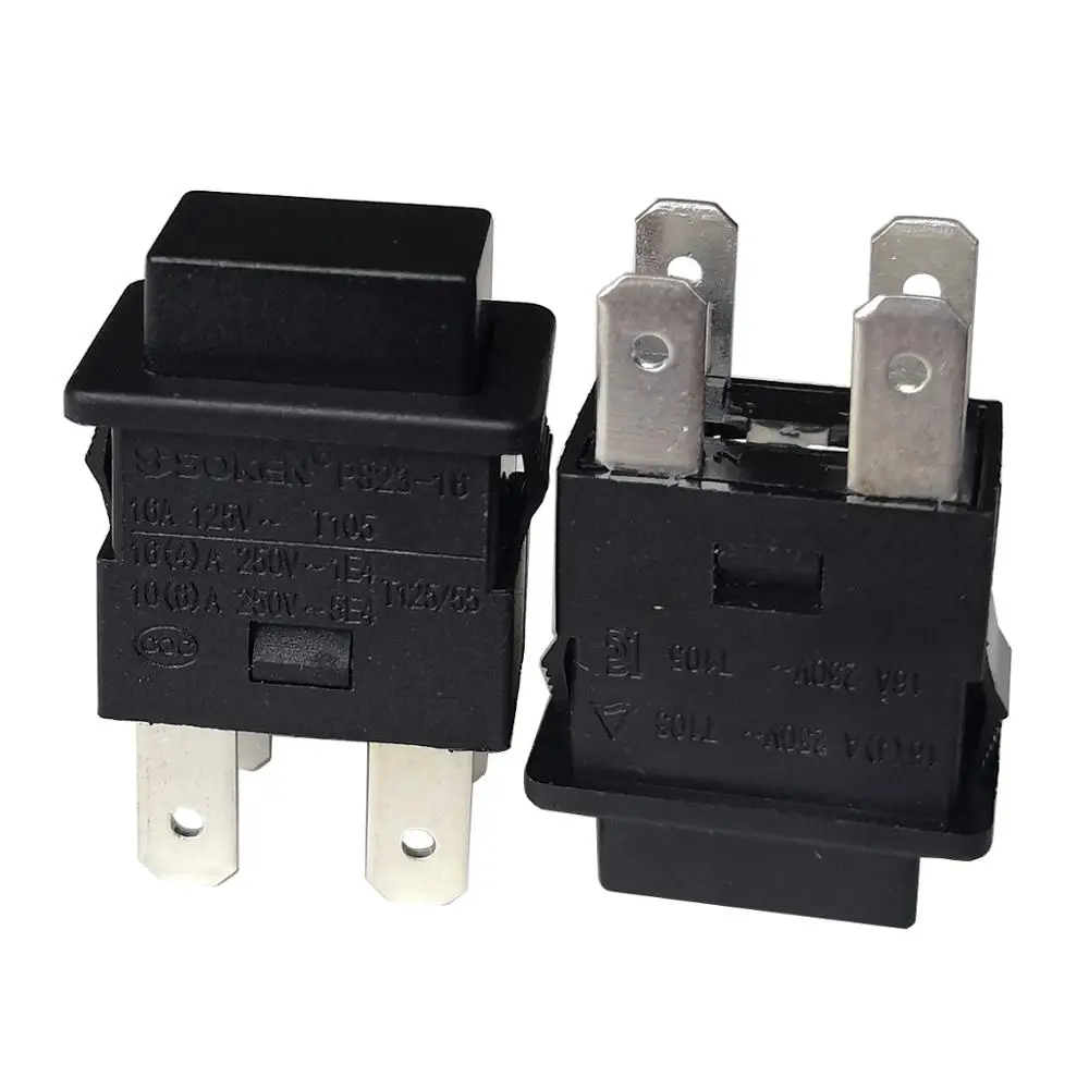자체 잠금 푸시버튼 스위치 4핀 250V 16A 소켓 전원 스트립 푸시 버튼 스위치 진공 청소기용 SOKEN PS23-16, 2팩