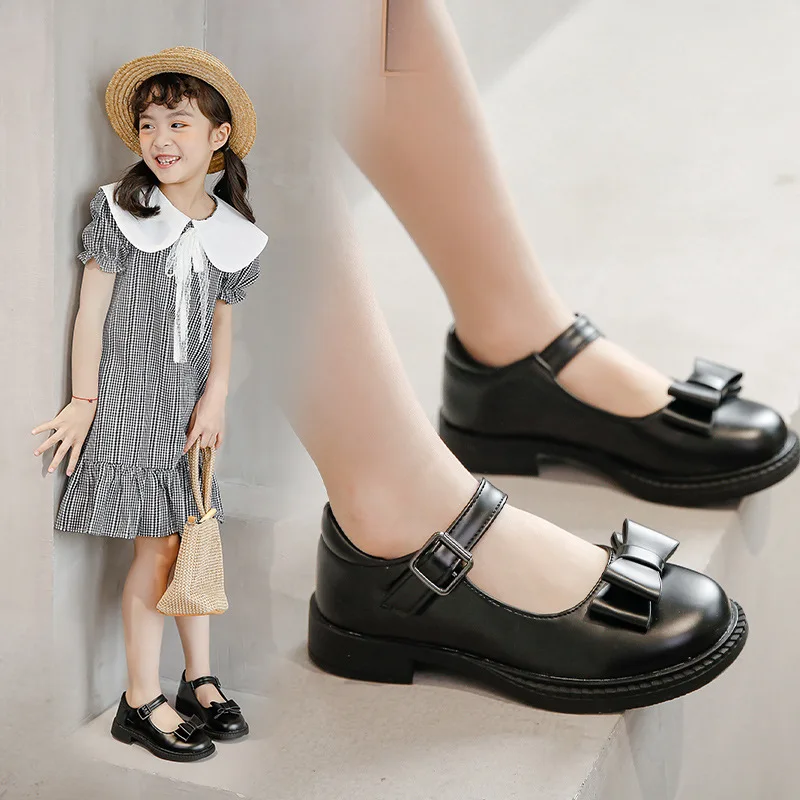 Crianças escola preto vestido sapatos de couro do estudante para a primavera verão meninas princesa sapatos preto bege branco chaussure fille