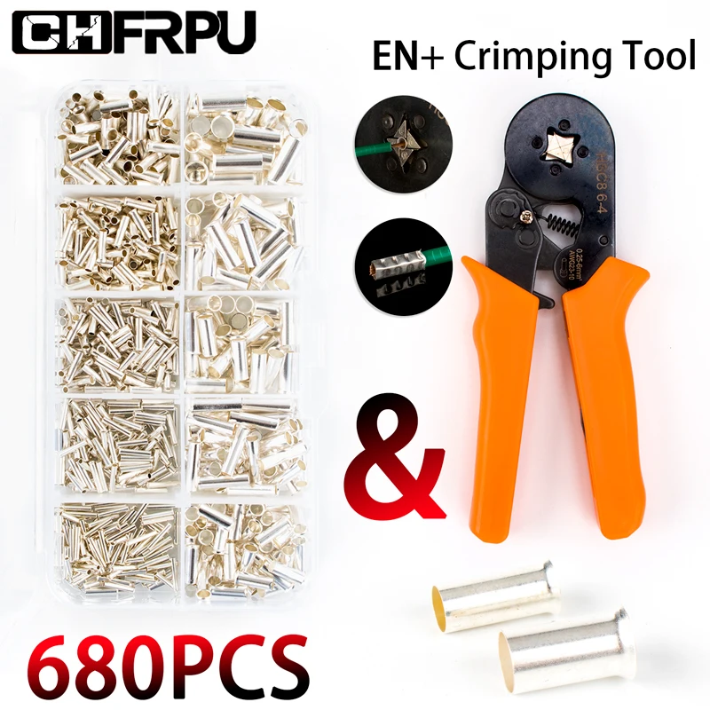 

680PCS EN Boxed Wire Connector Ferrules Electrical Cable Terminal Copper Bare Tinned Crimp Terminal AWG 22-10 Crimping Tool