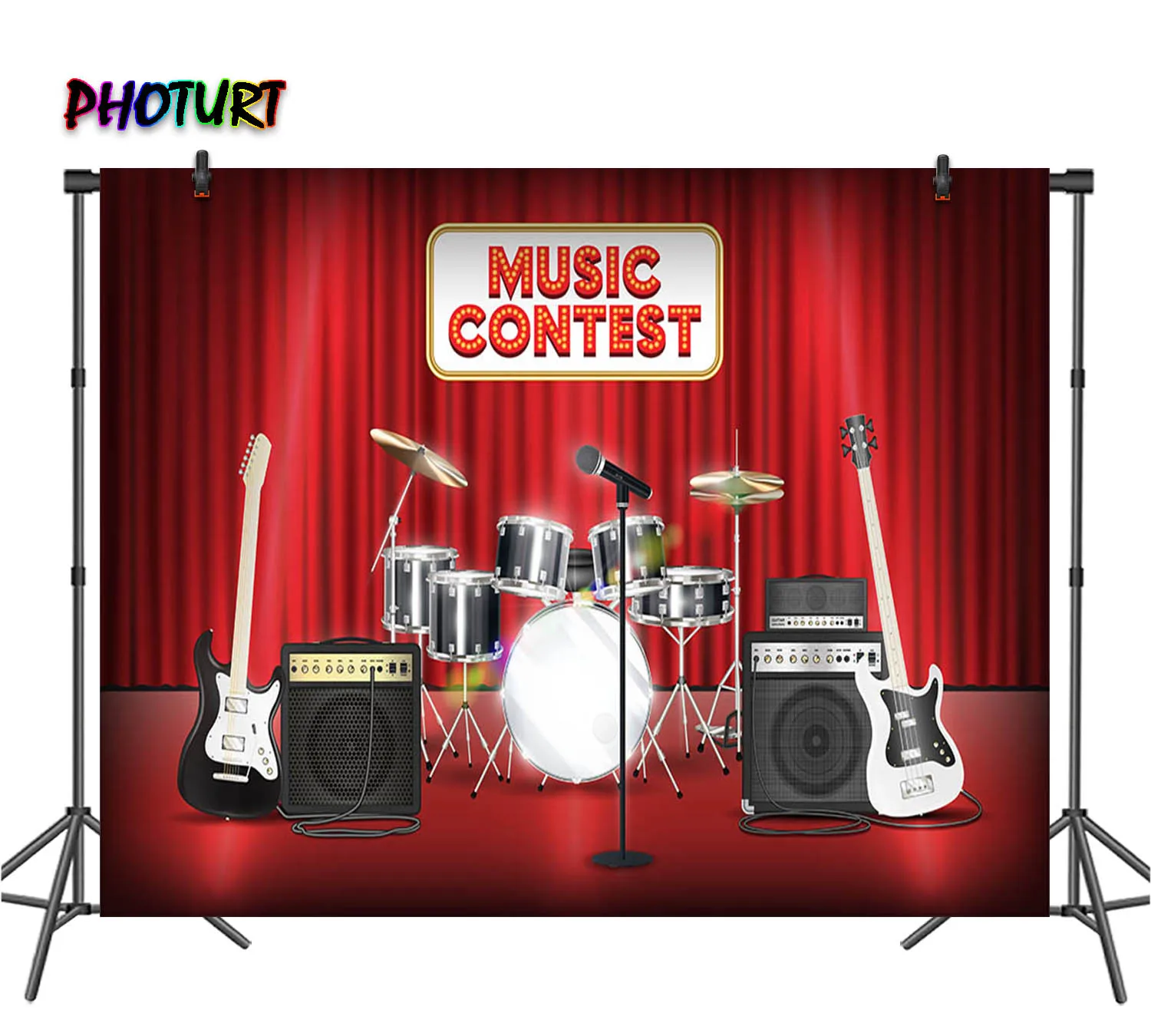 PHOTURT Drum Guitar Bass Photography Backdrops Birthday Party Background Music Band Stage Red Curtain Vinyl Photo Studio Props