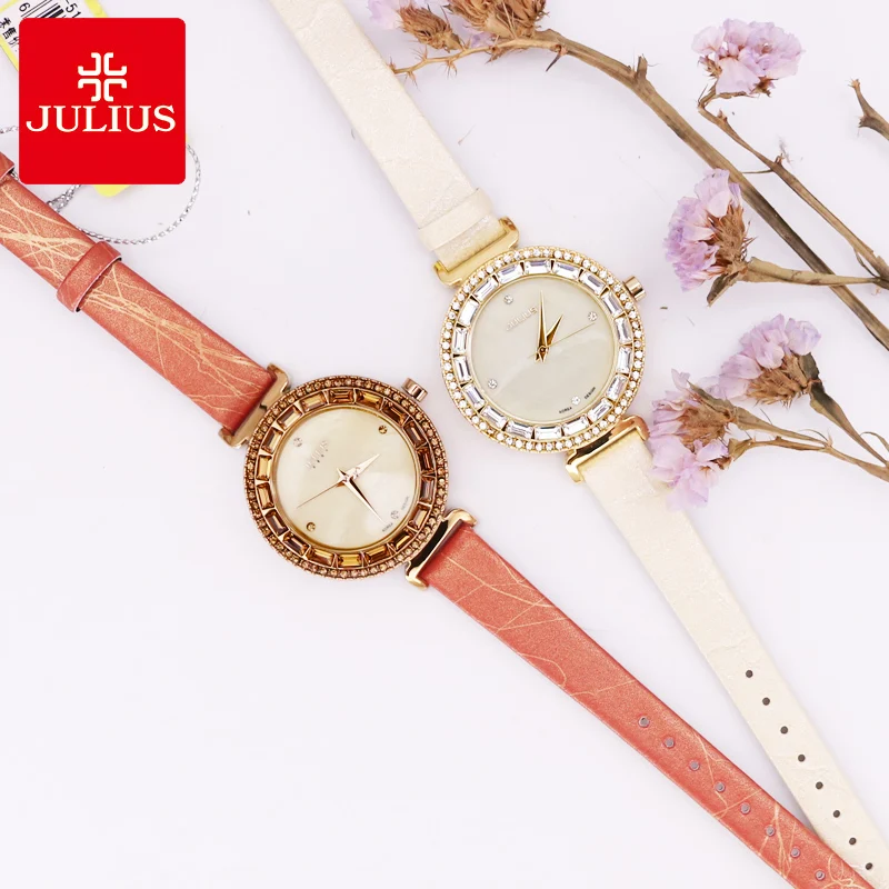 Top Julius – montre en cuir véritable pour femmes, montre-Bracelet avec perles et strass, mode, cadeau d'anniversaire pour filles, sans boîte