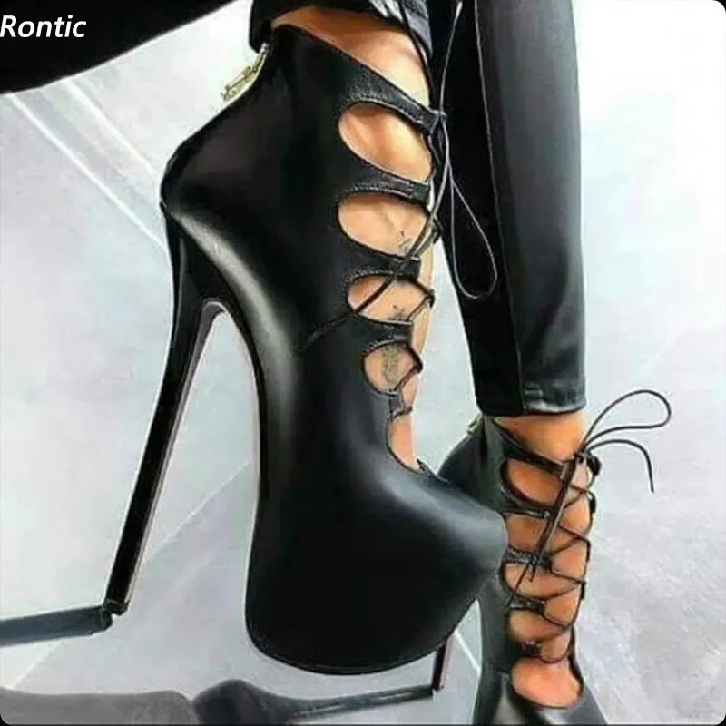 Rontic Italian Handmade Women Pumps Platform Lace Up Sexy Stiletto Heels Round Toe Elegant Black Party Shoes US Size 5-20