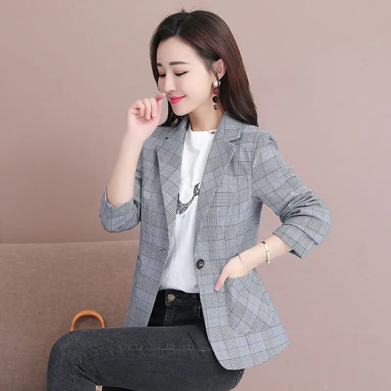 PEONFLY Vintage Casual Plaid Blazer Women Fashion Single Button Office Ladies Jacket Coat Notched Collar Long Sleeve Blazer