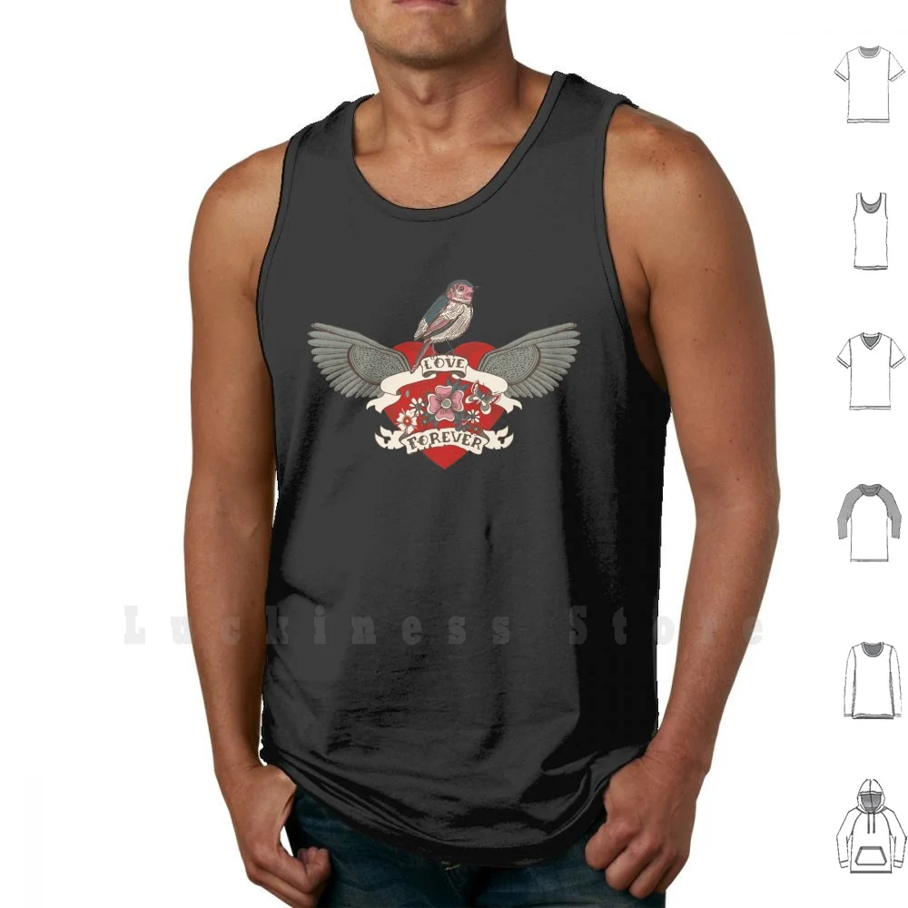 Coeur de tatouage de style old-school avec des fleurs et des oiseaux glaMen femmes adolescent coton S-6xl tatouage dessin animé voeux date oiseau
