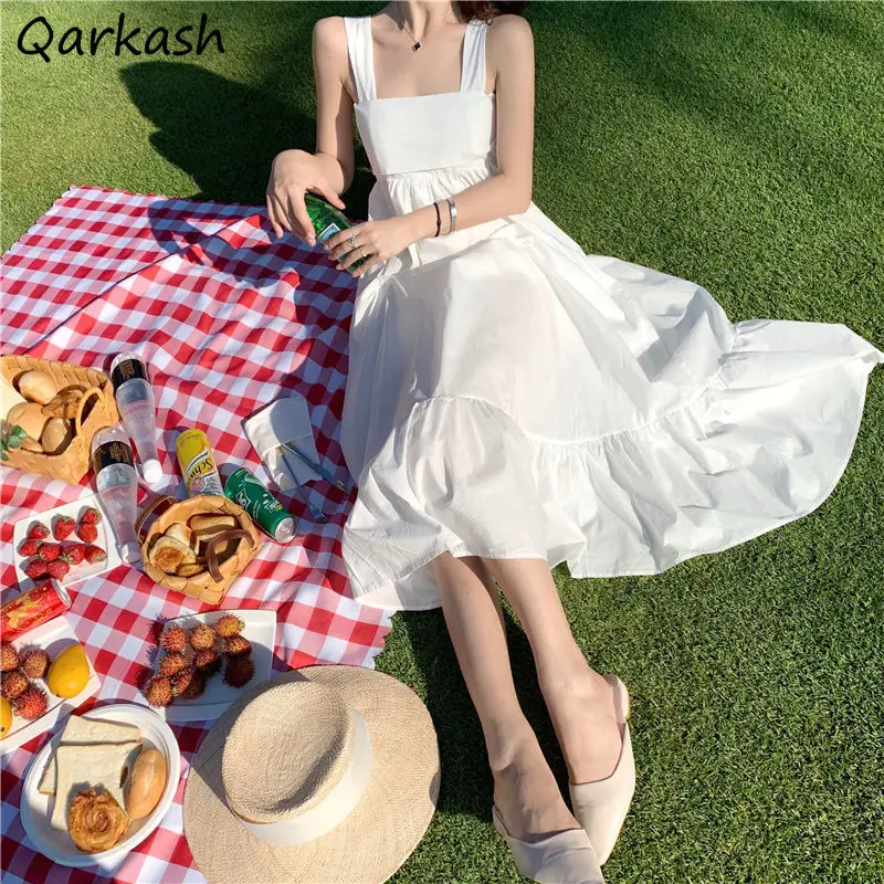 Summer Solid Square Collar Dress Women Bow Backless Sleeveless Elegant Mori-girls Korean Style White Vestido Mid-calf Stylish