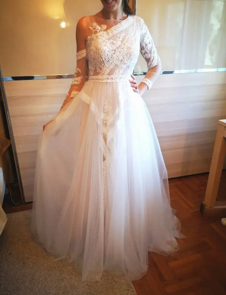 Verngo Beach Boho abito da sposa per Applique in pizzo da sposa maniche lunghe una linea abiti da sposa rustici Chic elegante Robe de mariee 2021