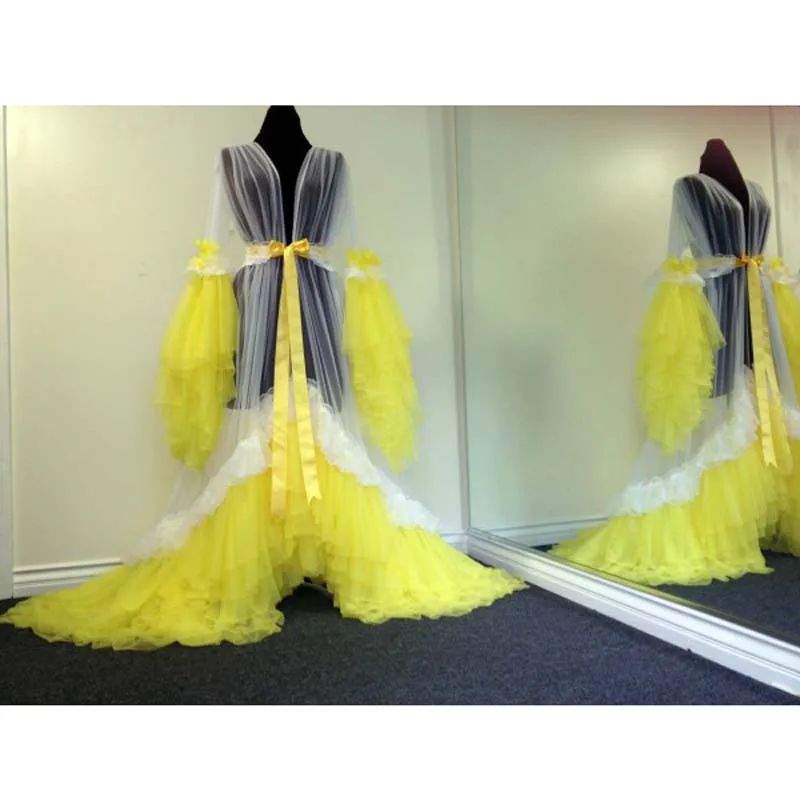 

High Quality Lush Robe Yellow See Through Overlay Dressing Gown Ruffled Tulle Maxi Dress Open Lush Pregnant Women Party Dresses