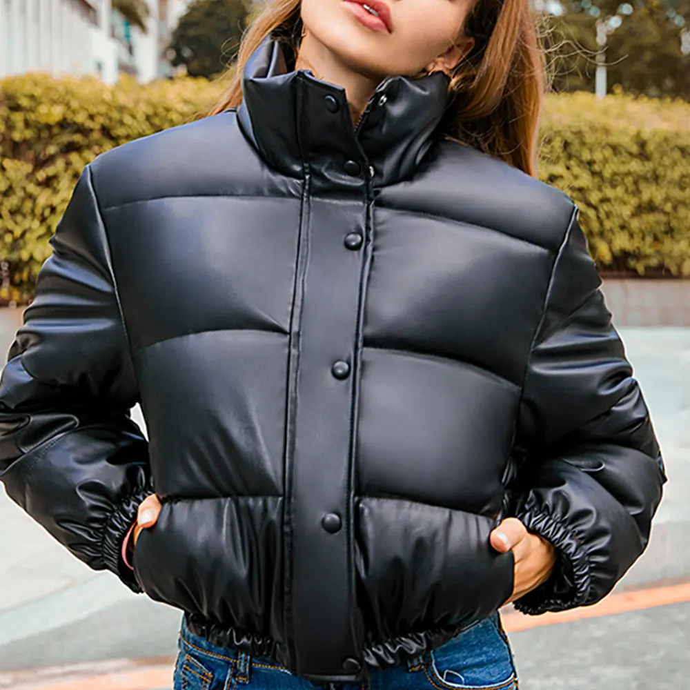 Chaqueta acolchada gruesa y cálida para mujer, Parkas de cuero PU negro, abrigo elegante con cremallera, ropa de abrigo Punk de algodón, invierno,