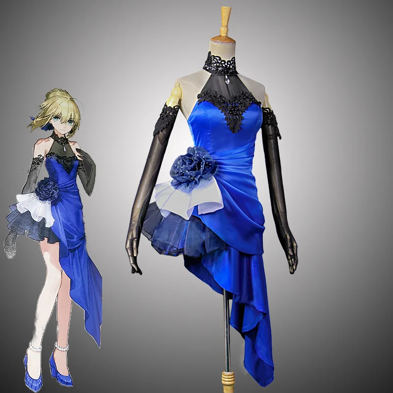 Fgo fate/sabre extella cosplay trajes halloween carnaval festa vestido completo azul sexy sem mangas peito formal vestido feito sob encomenda