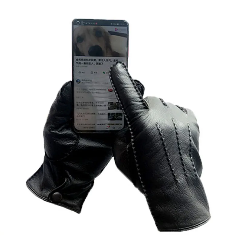 Guantes de piel de venado para hombre, pantalla táctil de cuero de alta calidad, forro de lana fino cosido a mano, mantiene el calor en otoño e