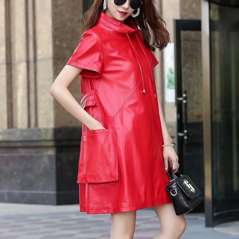 Short Women Sleeve Loose Fit Real Leather Dress Vintage Ladies Casual Big Pockets Sashes A-Line Sheepskin Turtleneck Mid Dresses