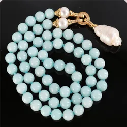 Natural Aquamarine Pearl Gemstone Knot Necklace 18 inches Button Holiday gifts Lucky Cultured Women Mala