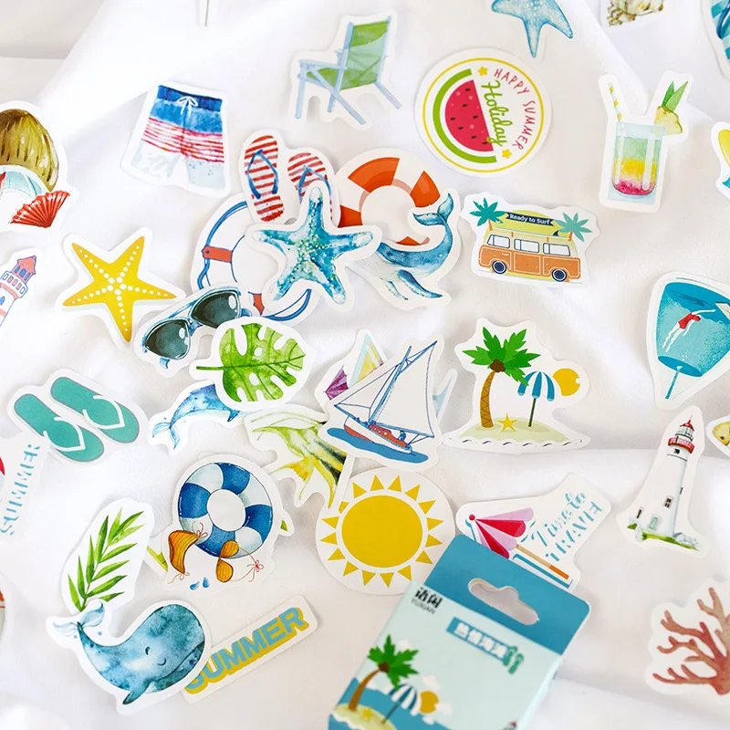 Mohamm 50Pcs Summer Time Series Decorative Sticker Books Scrapbooking DIY Note Paper Sticker Flakes Stationary Office Accessorie