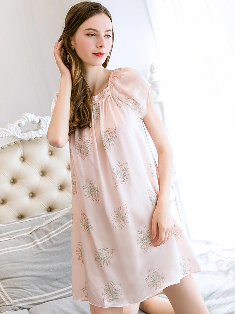 100% Real Silk Nightdress Pure Silk Nightgowns Summer Bedgown Pink Printed Women Sleepwear Cute Retro Natural Silk Dressing Gown