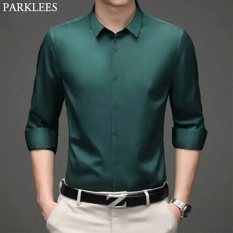 Green Mens Dress Shirts 2022 Brand New Superfine Long Sleeve Shirt Men Slim Fit Elastic Breathable Non-Iron Quality Shirt Male