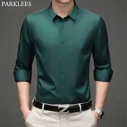 Camisa de manga longa superfina verde masculina, camisa de vestido masculina, ajuste fino, elástica, respirável, sem ferro, qualidade, marca, nova, 2022