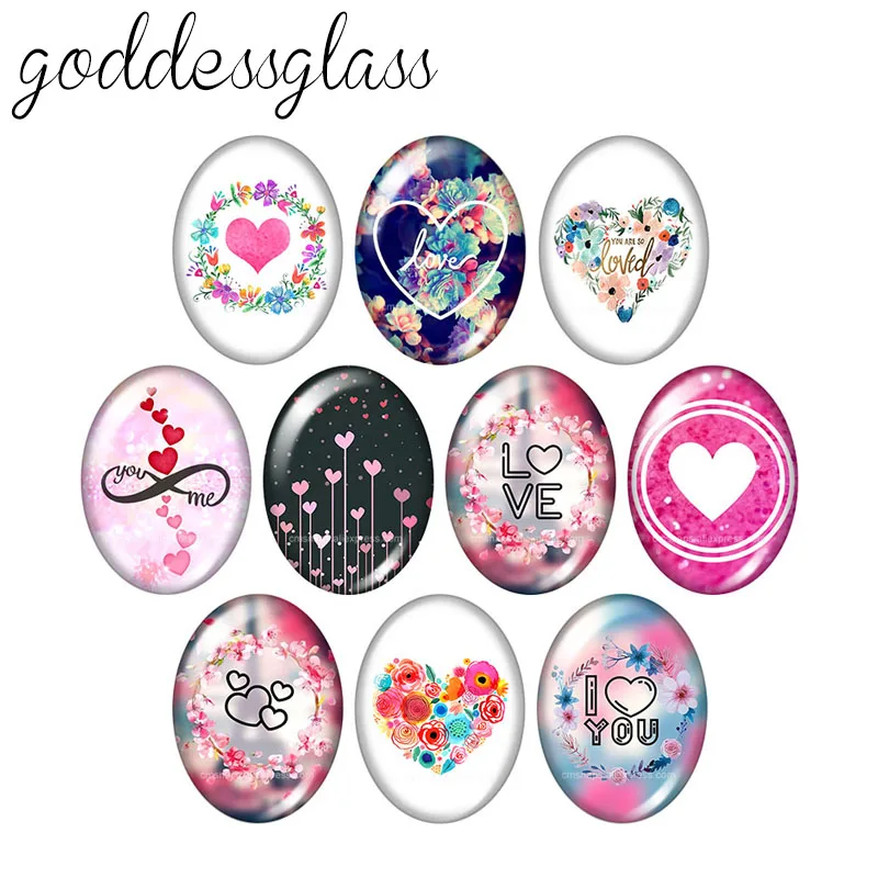 Love hearts patterns flowers Pink 10pcs mixed 13x18mm/18x25mm/30x40mm Oval photo glass cabochon demo flat back Making findings