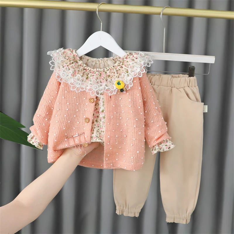 Baby Girls Outfits 2022 Spring Autumn Children Clothing Sets 3 Pieces Toddler Infant Coats Lace Shirt Pants Kids Casual Clothes