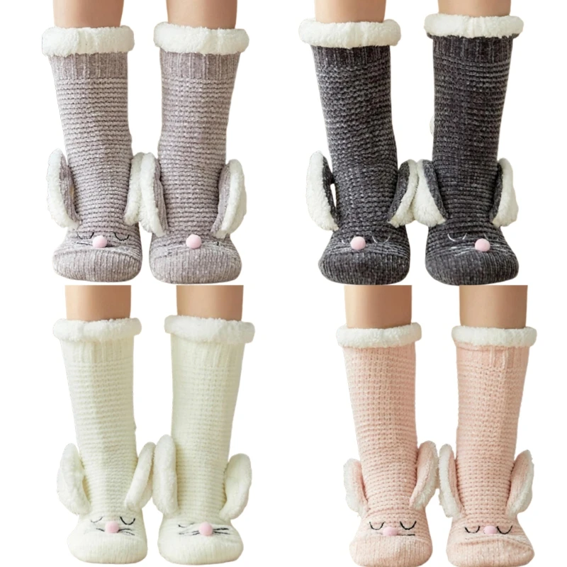 Womens Winter Fuzzy Slipper Socks with Grippers Cartoon Rabbit Ears Fleece Lined Thermal Non-Slip Knit Floor Hosiery M6CD