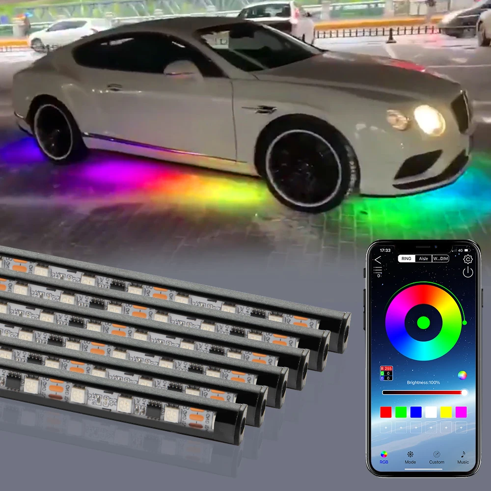 

OKEEN 6pcs Led RGB Car Dream Colorful Underbody Underglow Flowing Lights Strip Tube Neon Atmosphere Decorative Light App Control