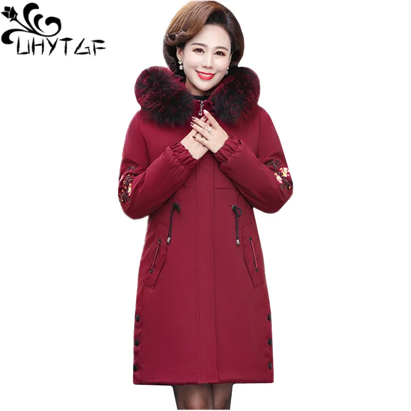 

UHYTGF New Winter Coat Women Down Cotton Casual Warm Parker Female Outerwear Fur Collar Hooded Cold-Proof Big Size Jacket 1072