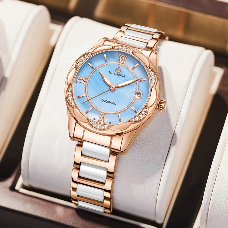 ORKINA Fashion Women Mechanical Watches Ceramic Steel Strap Luxury Calendar Dial Automatic Ladies WristWatches Gift Reloj Mujer