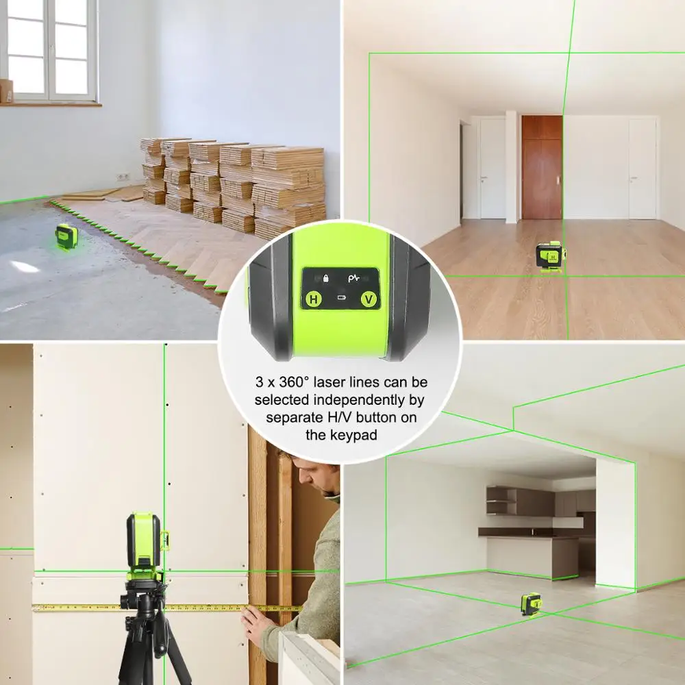 Huepar 12 Lines 3D Cross Line Laser Level Osram Green Beam With Remote Control & Li-ion battery For Tiles Floor Laser Tools Set