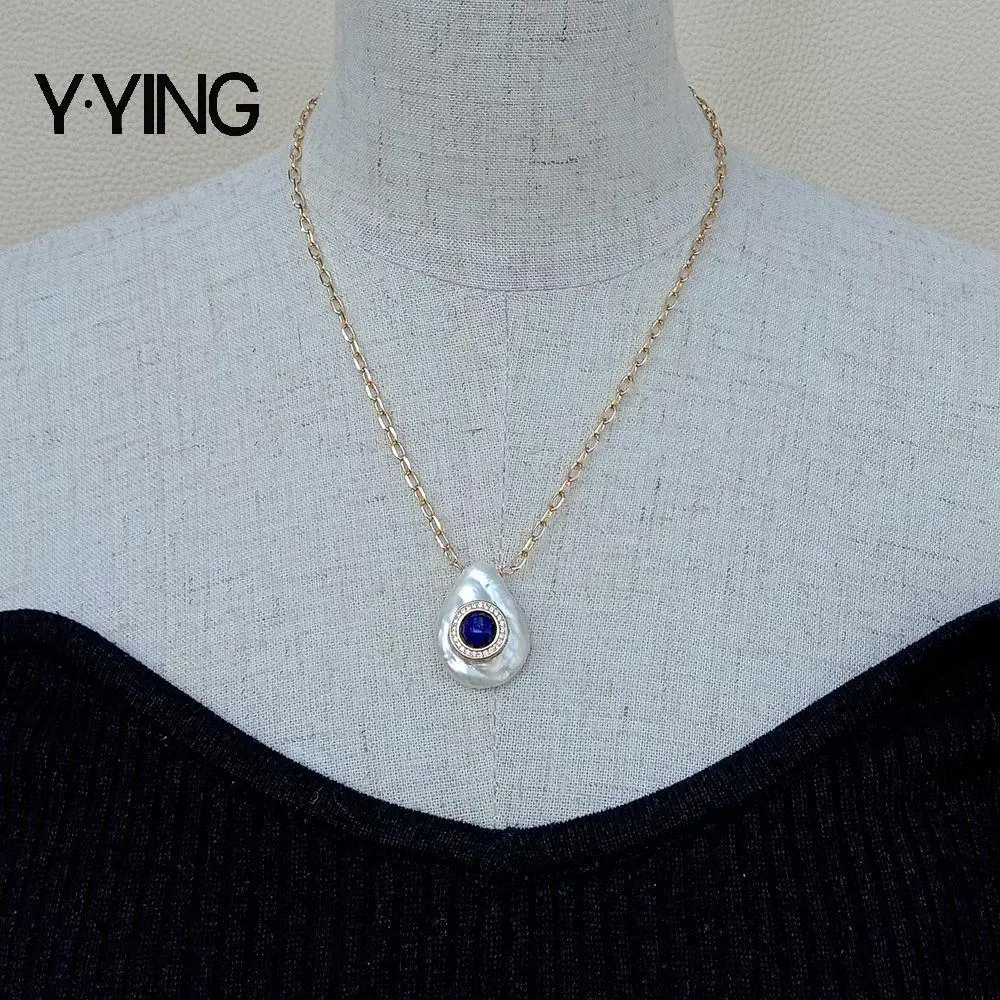 Kkgem الطبيعي مثقف 21x28 مللي متر الأبيض عملة المياه العذبة اللؤلؤ تشيكوسلوفاكيا تمهيد الأزرق اللازورد الذهب اللون مطلي حلية سلسلة قلادة 17"