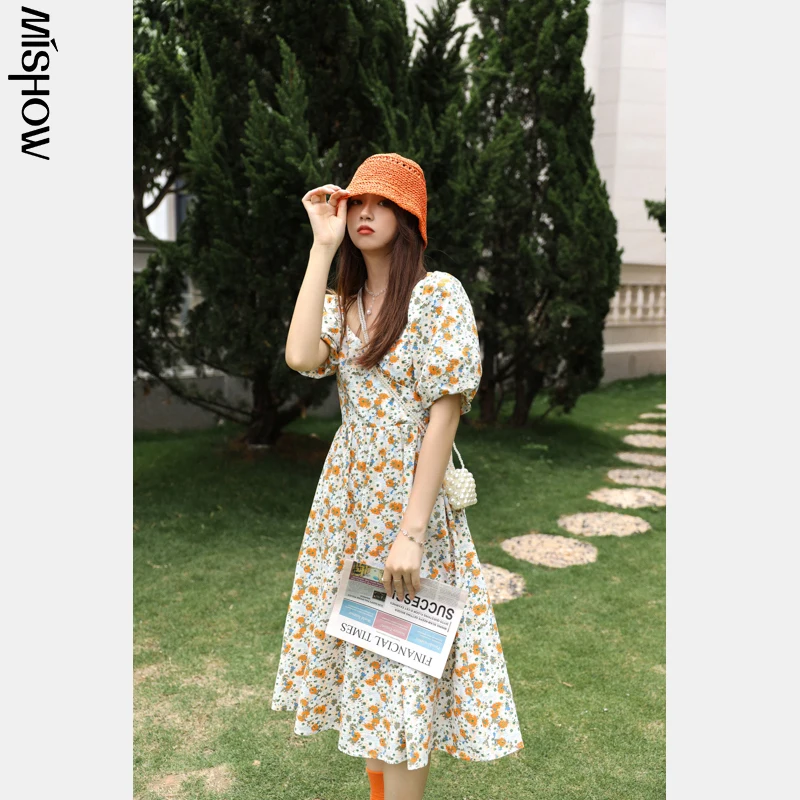 MISHOW Holiday Dresses Women\'s 2021 Summer New Y2k Floral Puff Sleeve V-neck France Chiffon Dress Female Vestidos MXA24L0179