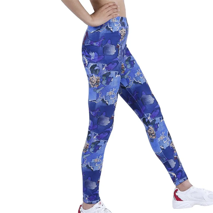 LJCUIYAO New Pants Women Leggings Fitness Soft Tights High Waist Dream Blue Flower Printing Pattern Sports Ankle-Length Clothes