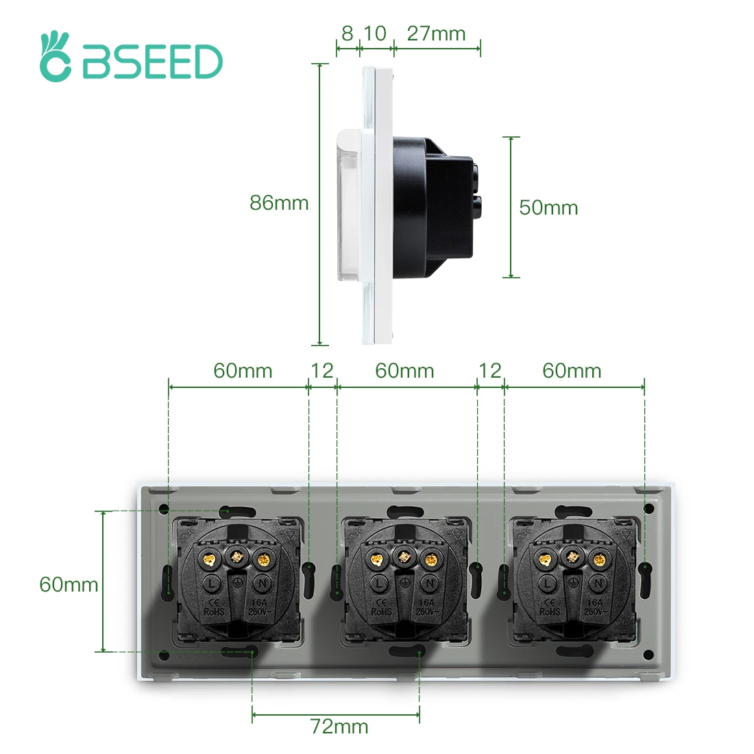 BSEED-enchufe de pared eléctrico Triple, Panel de cristal, 16A, resistente al agua, 3 colores, para exteriores, cocina y baño