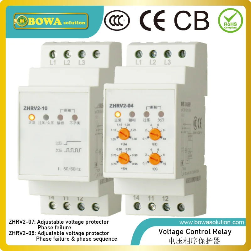 ZHRV2-08 voltage control relay with phase protector has adjustable under- / over-voltage, time delay and imbalance settings