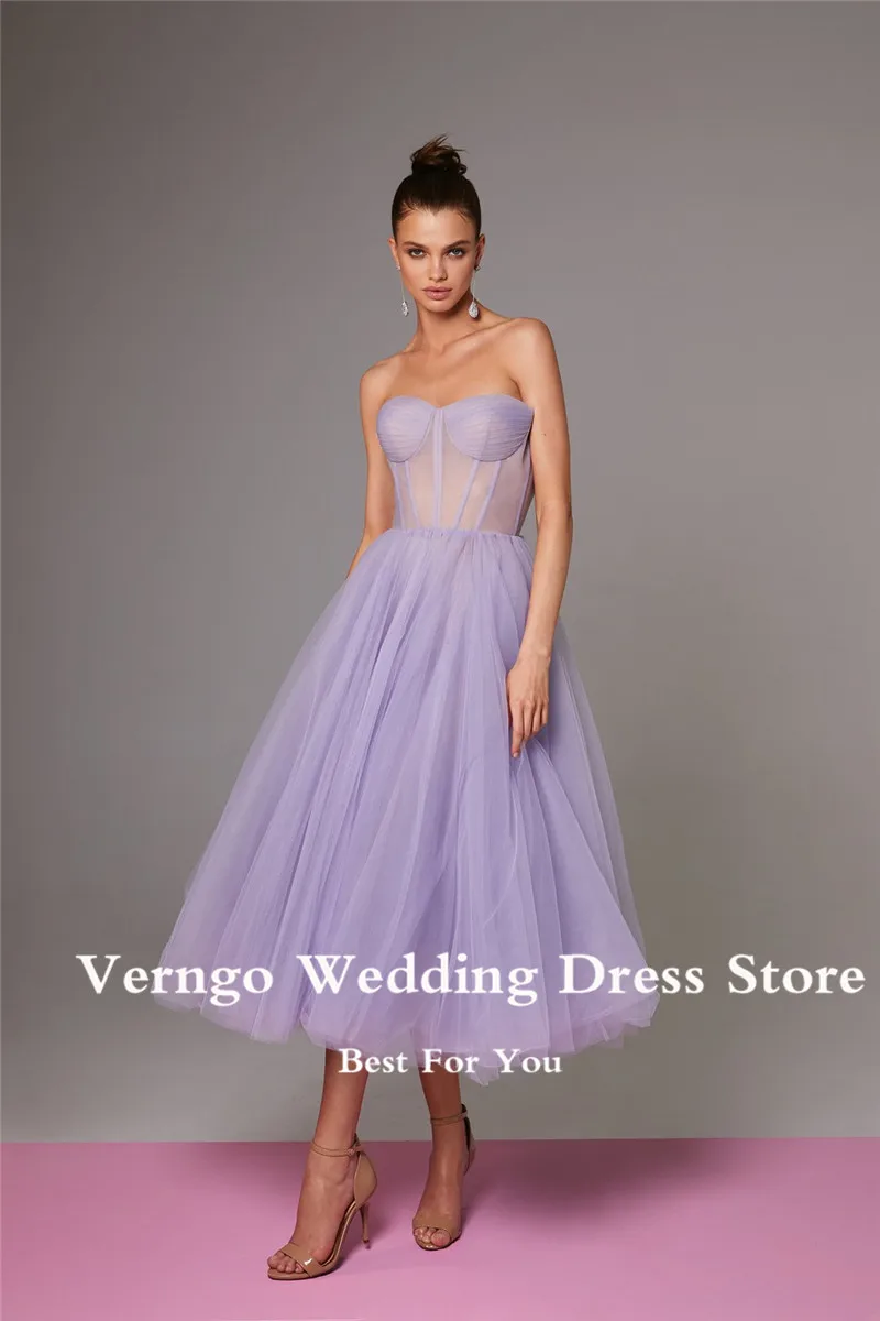 Verngo Pink Lavender Blue Tulle Short Prom Dresses 2021 Transparent Corset Bustier Tea Length Midi Evening Formal Party Dress