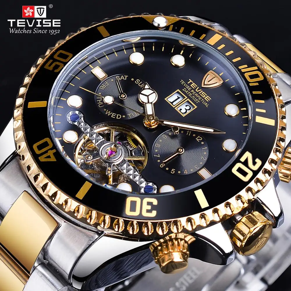 TEVISE Tourbillion Design Black Golden Waterproof Calendar Display Mens Automatic Sport Wrist Watch Top Brand Luxury Male Clock