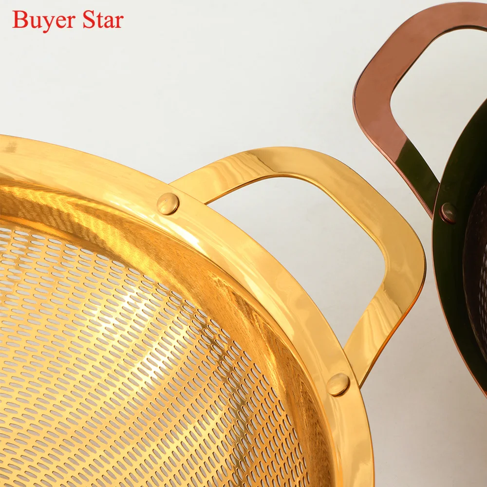 Double Ear Handle Gold Stainless Steel Drain Basket Vegetable Washing Fruit Colander Strainer Metal Rice Sieve Kitchen Utensils