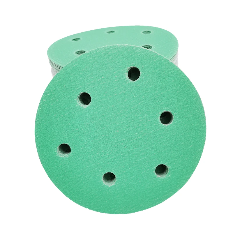 100PCS Green 5 inch 6 Hole Round Sandpaper For Grinding and Polishing Car Dry Self-adhesive Flocking Pneumatic Machine