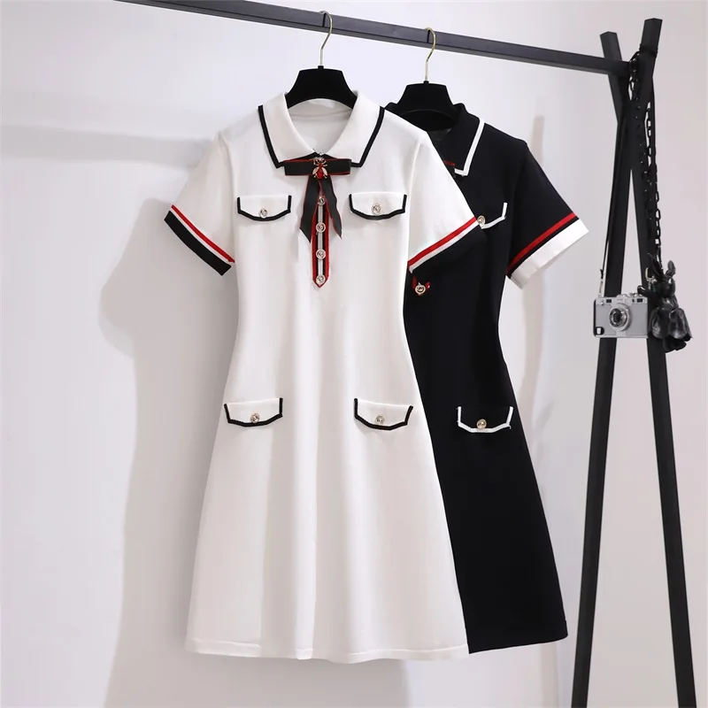 Summer New Kint Elegant Vintage 90S Party Dress Short Sleeve Bow Turn Down Collar Black White Dresses For Women Work Clothing