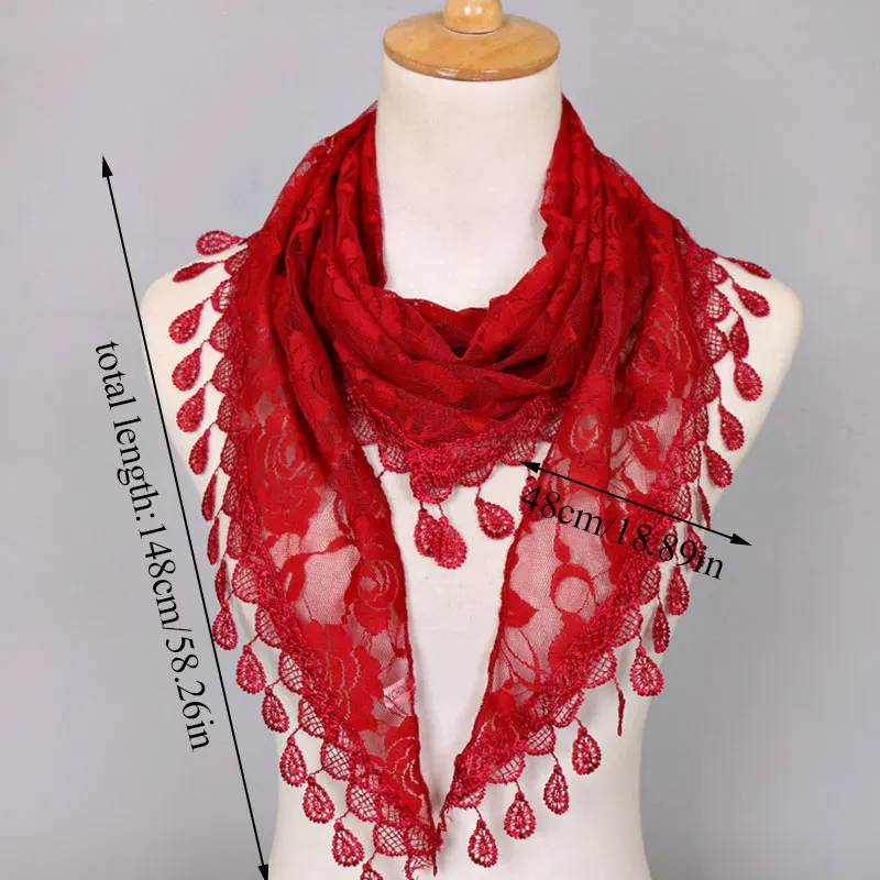 Women Lace Scarf  Pure Color Lace Tassel Headscarf Triangle Scarf Hollow Out Tassel Shawls Scarves Thin See Through Scarf Red