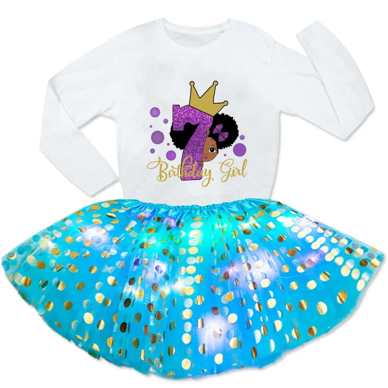 Sequin skirt Girls Dress Sets Kids Black African Curly Hair Girl Short Sleeve Printed T-shirt+Luminous Skirt Design Your Name