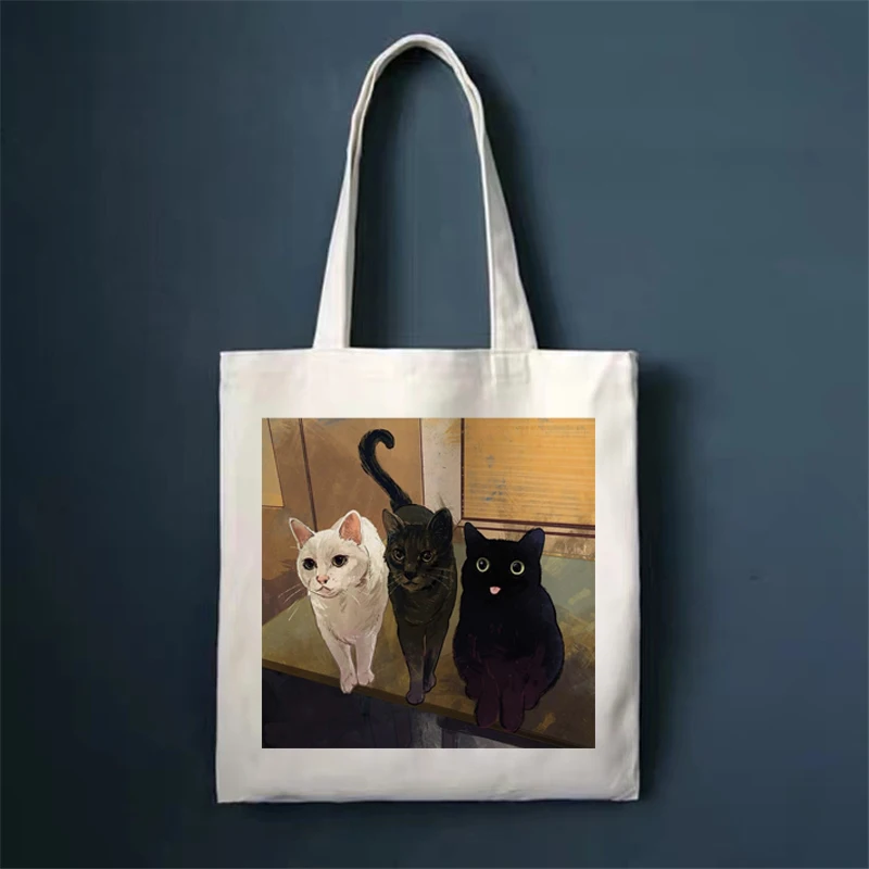 Cute Funny Cat Print Shopper Bags Handbags Shoulder Bags High Capacity Collapsible Woman Shopping Bags Canvas Bag Tote Bag