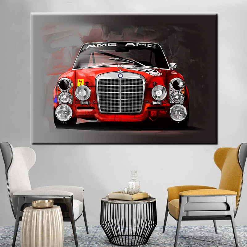 Wall Art Canvas Vintage Classic Racing Car Poster Painting Red AMG Cars Automobile Picture Print Modern Home Decor Living Room