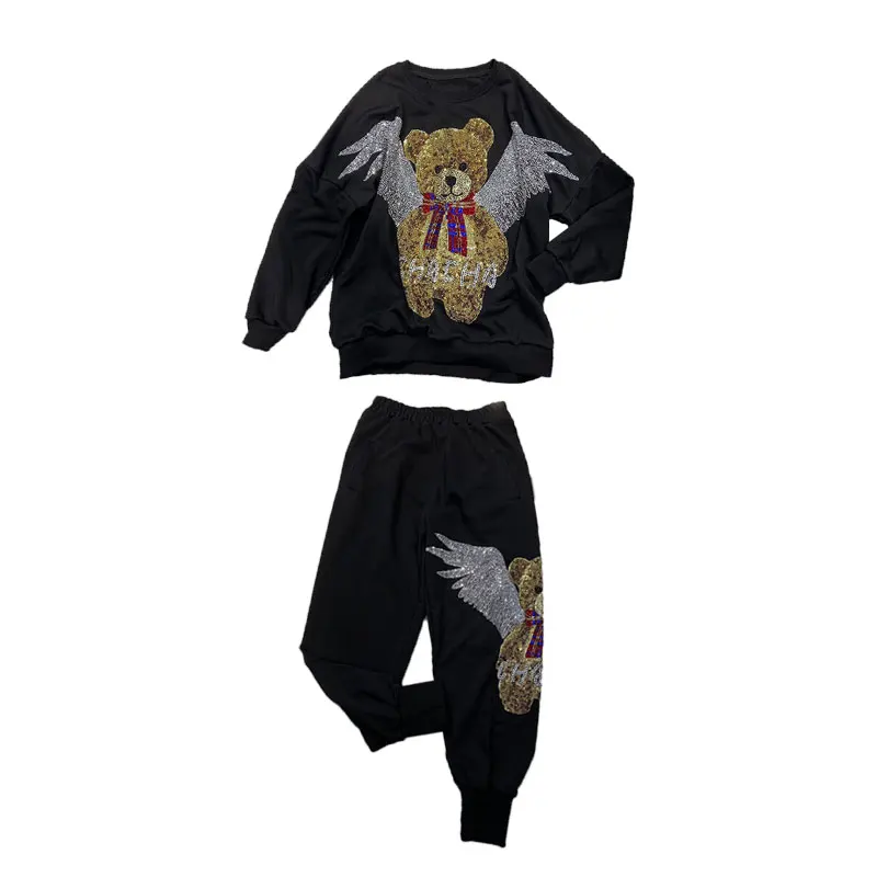 Womens Loose Diamond Bear Two Piece Outfits Tracksuit Long Sleeve Pullover Sets for Ladies Sweatsuits Sets