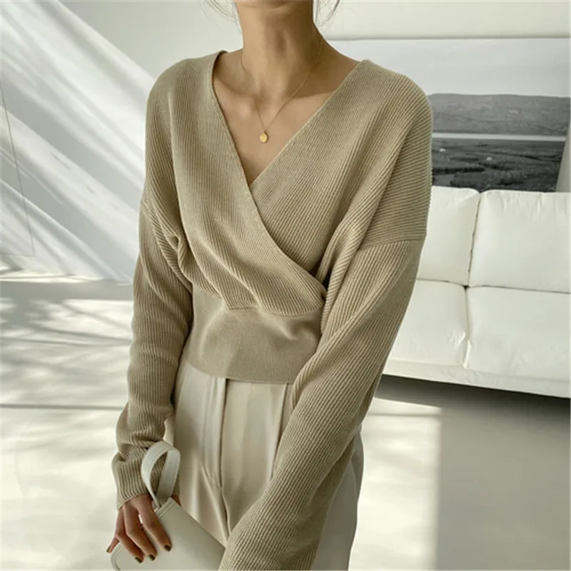 2021 New Spring Women tops Simply Solid Knitted pullovers V-neck Long sleeve Cotton Korean fashion style female tops