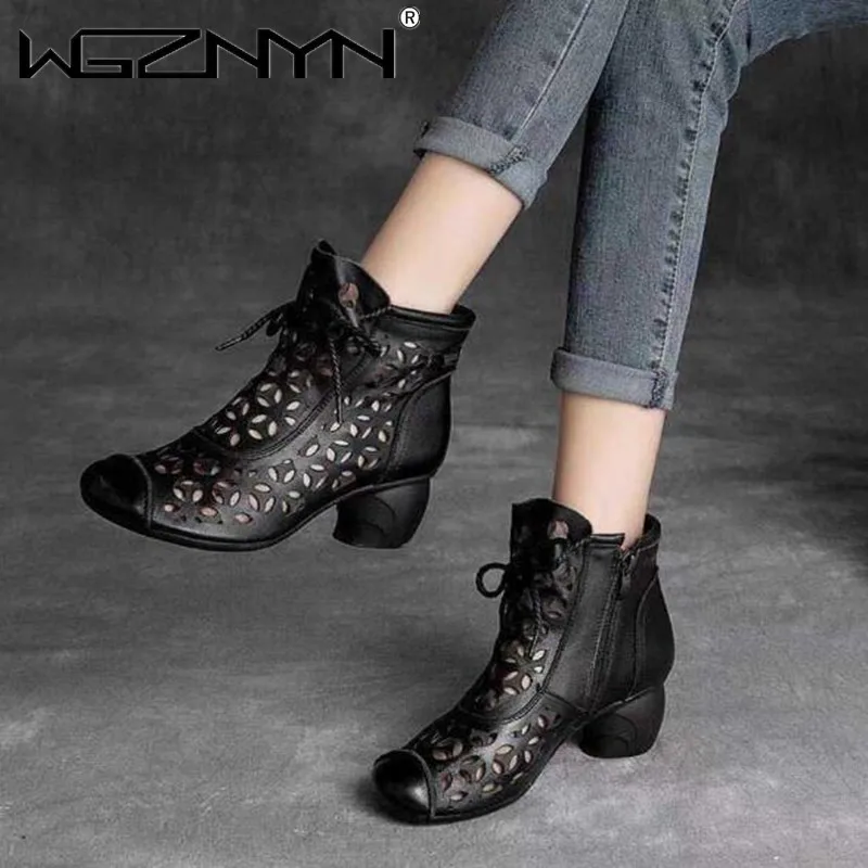 NEW Retro Style Soft Leather Women Boots 2023 Summer Mid Heels Sandals Shoes Side Zip Female Footware Black Brown Dropshipping