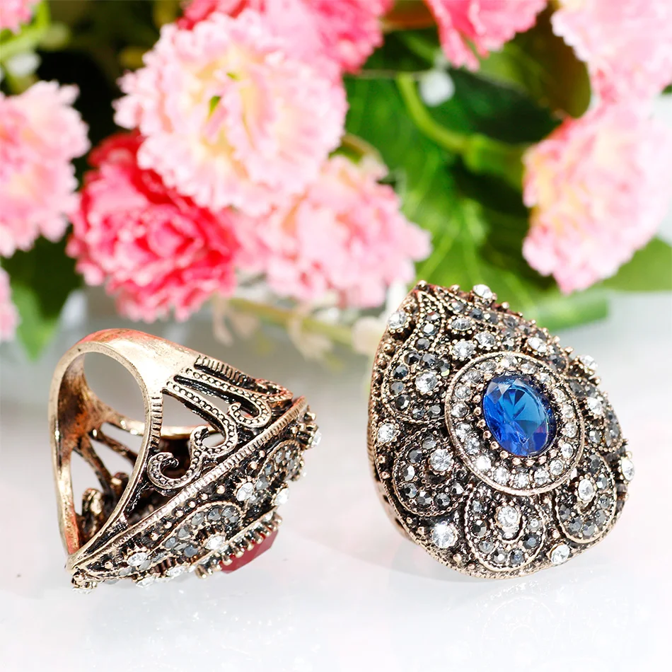 SUNSPICE MS New Turkish Rings For Women Antique Gold Color Vintage Wedding Bands Resin Ring Engagement Jewelry Crystal Gift